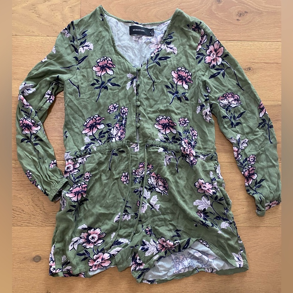 MinkPink Green Floral Long-Sleeve Romper size M